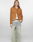 Retro Suede Sheep Leather Short Jacket with Structured Shoulders and Round Neck, Genuine Leather Outerwear "Sunset Escape" - variant_title