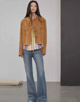 Retro Suede Sheep Leather Short Jacket with Structured Shoulders and Round Neck, Genuine Leather Outerwear "Sunset Escape" - variant_title