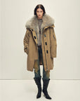 Firelady Fur Swan Feather Collection khaki raccoon fur down parka full-length view