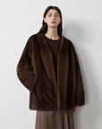 Swiss Snow Brown Sable mink coat on model, front view