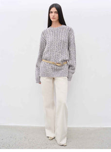 "Thousand Islands Forest Club" Cable - cut Round Neck Wool Blend Slightly Wide Shoulder Sweater - variant_title