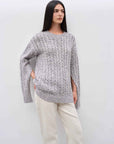 "Thousand Islands Forest Club" Cable - cut Round Neck Wool Blend Slightly Wide Shoulder Sweater - variant_title