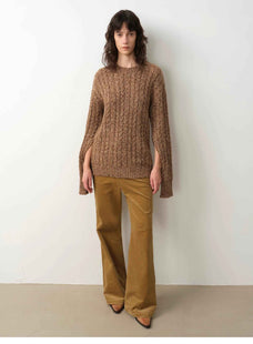 "Thousand Islands Forest Club" Cable - cut Round Neck Wool Blend Slightly Wide Shoulder Sweater - variant_title