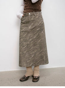 "Thousand Layers of Echoes" Chenille Original Print Camouflage Retro Distressed Straight Mid - Waist Skirt - variant_title