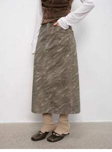 "Thousand Layers of Echoes" Chenille Original Print Camouflage Retro Distressed Straight Mid - Waist Skirt - variant_title
