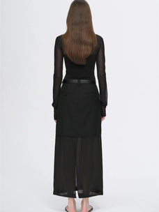 Transparent patchwork acetate Tencel long sleeve T-shirt black back view