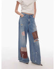"Uninhibited splicing" retro design mid - low waist washed ripped hole splattered paint cloth patch wide - leg jeans - variant_title