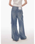 "Uninhibited splicing" retro design mid - low waist washed ripped hole splattered paint cloth patch wide - leg jeans - variant_title