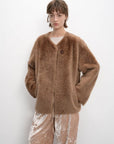 Urban Home chestnut shell shearling coat front model view