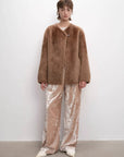 Urban Home chestnut shell shearling coat full-length model view
