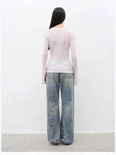 Urban Simplicity lavender wool long sleeve O-neck T-shirt on model back view