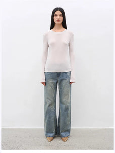 Urban Simplicity lavender wool long sleeve O-neck T-shirt on model full front view