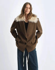 Vertical Texture wool tweed coat with detachable fur collar product image 02