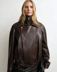 THE ARTM Women's Sheepskin Leather Jacket, Lightweight, Vintage Double Lapel Style