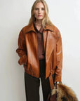 THE ARTM Women's Sheepskin Leather Jacket, Lightweight, Vintage Double Lapel Style