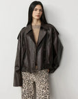 Firelady Fur Fashion Boundaries brown waxed lambskin bomber jacket front view