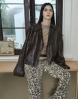 Firelady Fur Fashion Boundaries leather bomber jacket side profile on model