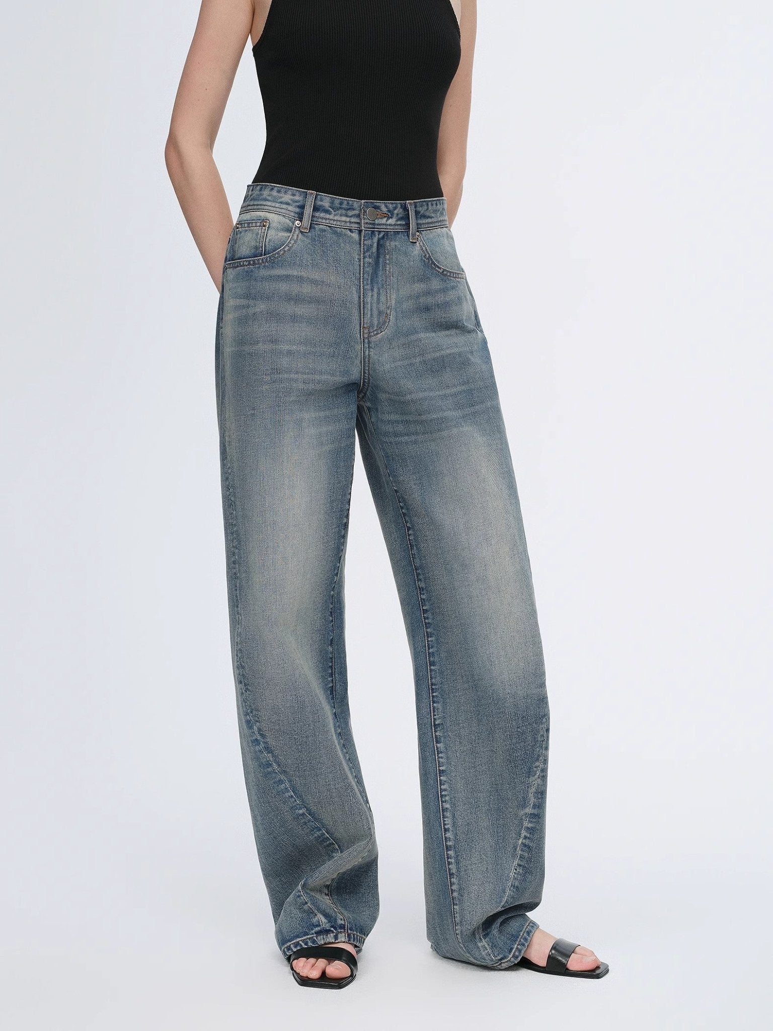 Vintage heavy cotton polyester blended washed comfortable slim front curved jeans - variant_title