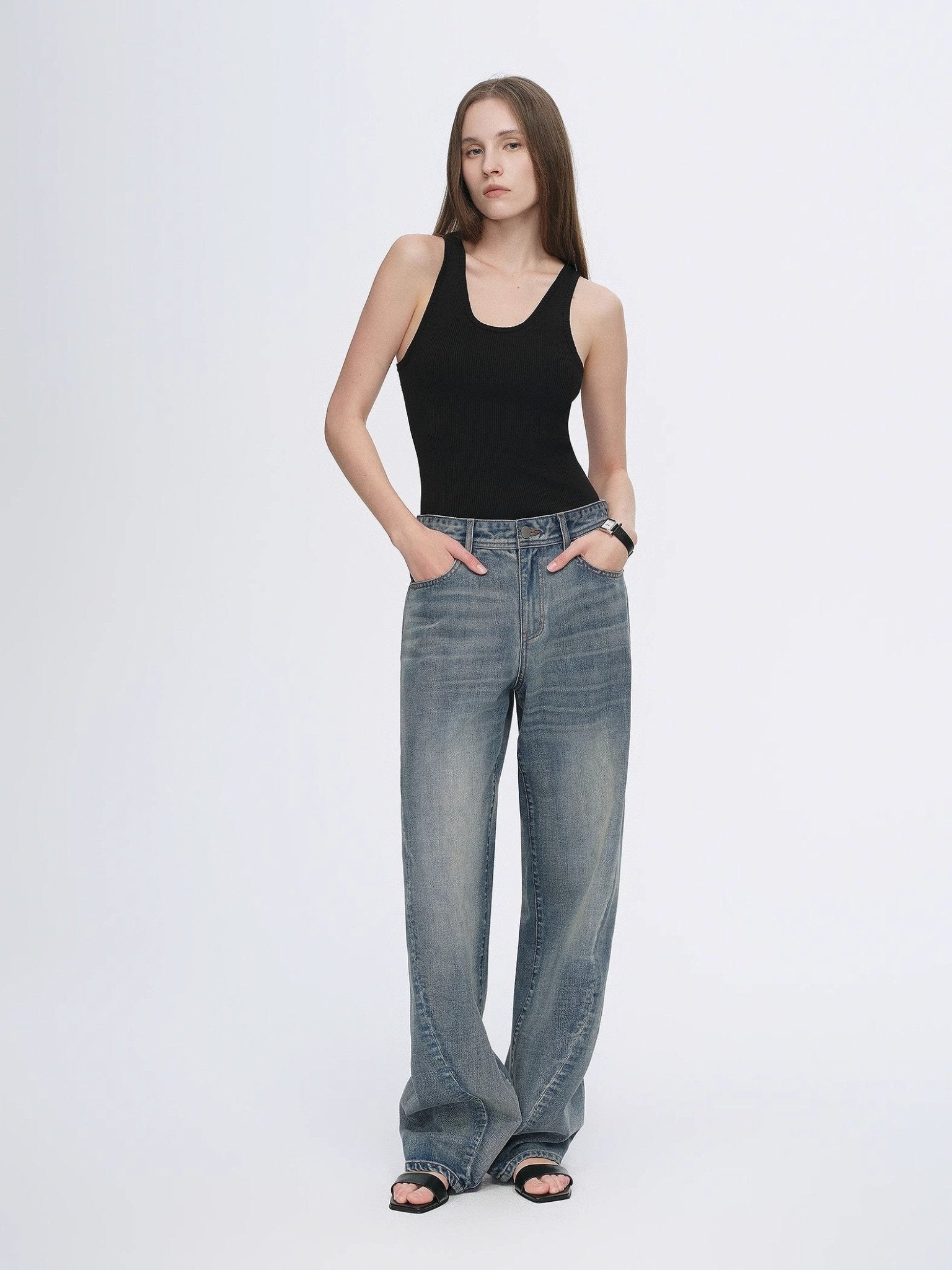 Vintage heavy cotton polyester blended washed comfortable slim front curved jeans - variant_title
