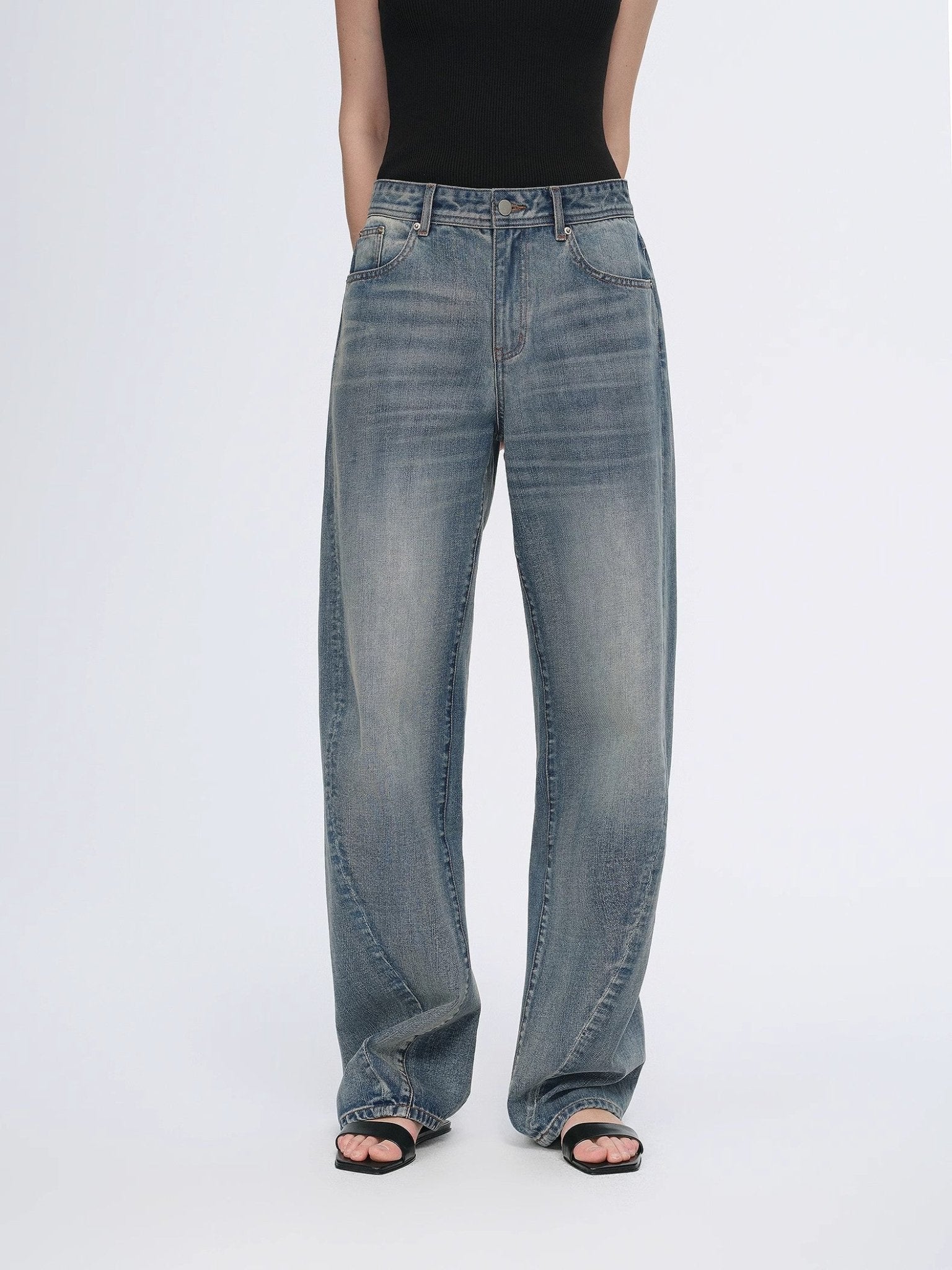 Vintage heavy cotton polyester blended washed comfortable slim front curved jeans - variant_title