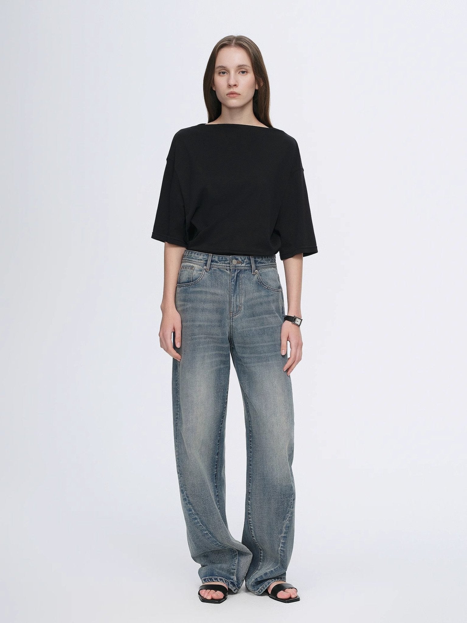 Vintage heavy cotton polyester blended washed comfortable slim front curved jeans - variant_title
