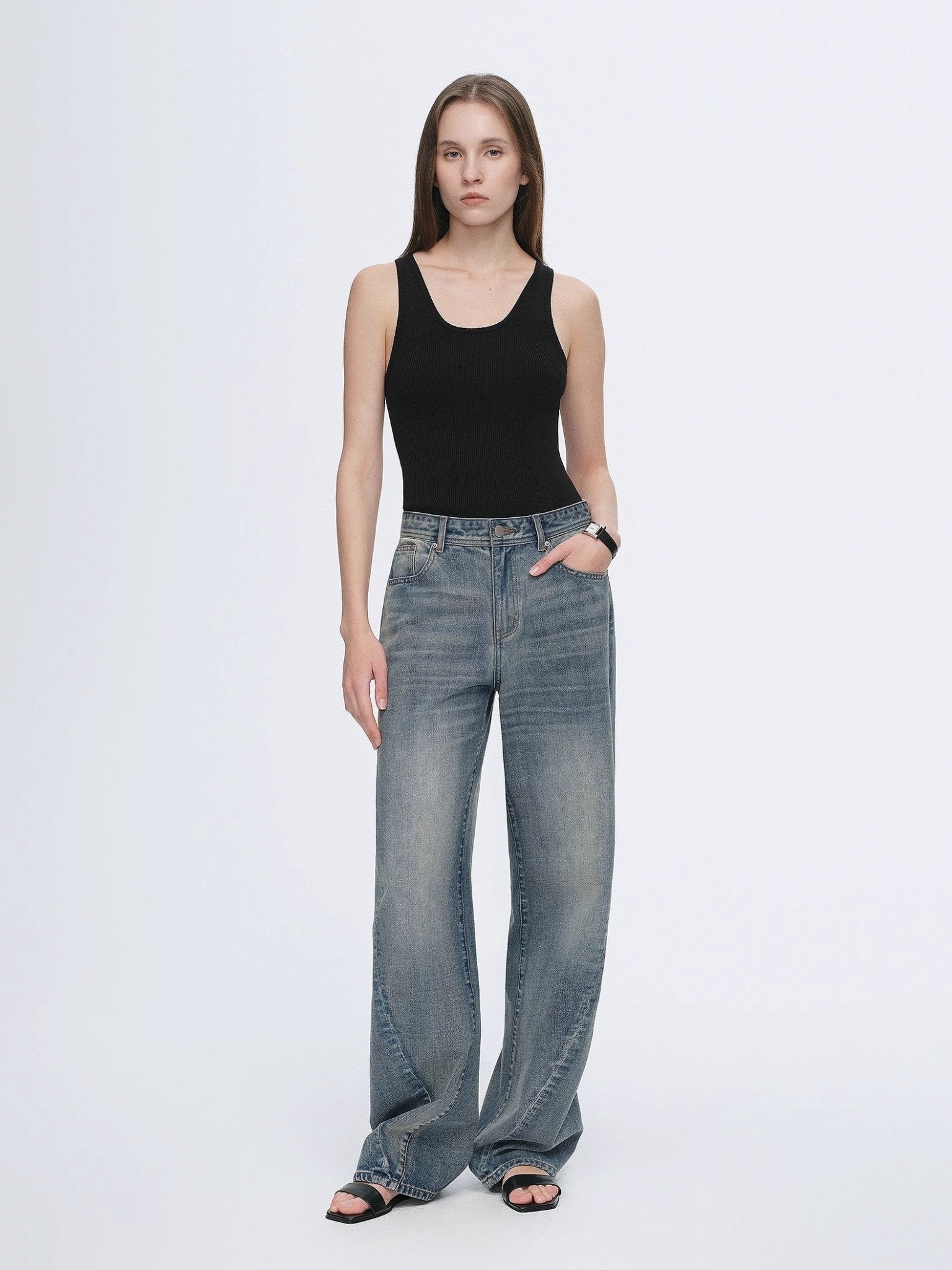 Vintage heavy cotton polyester blended washed comfortable slim front curved jeans - variant_title