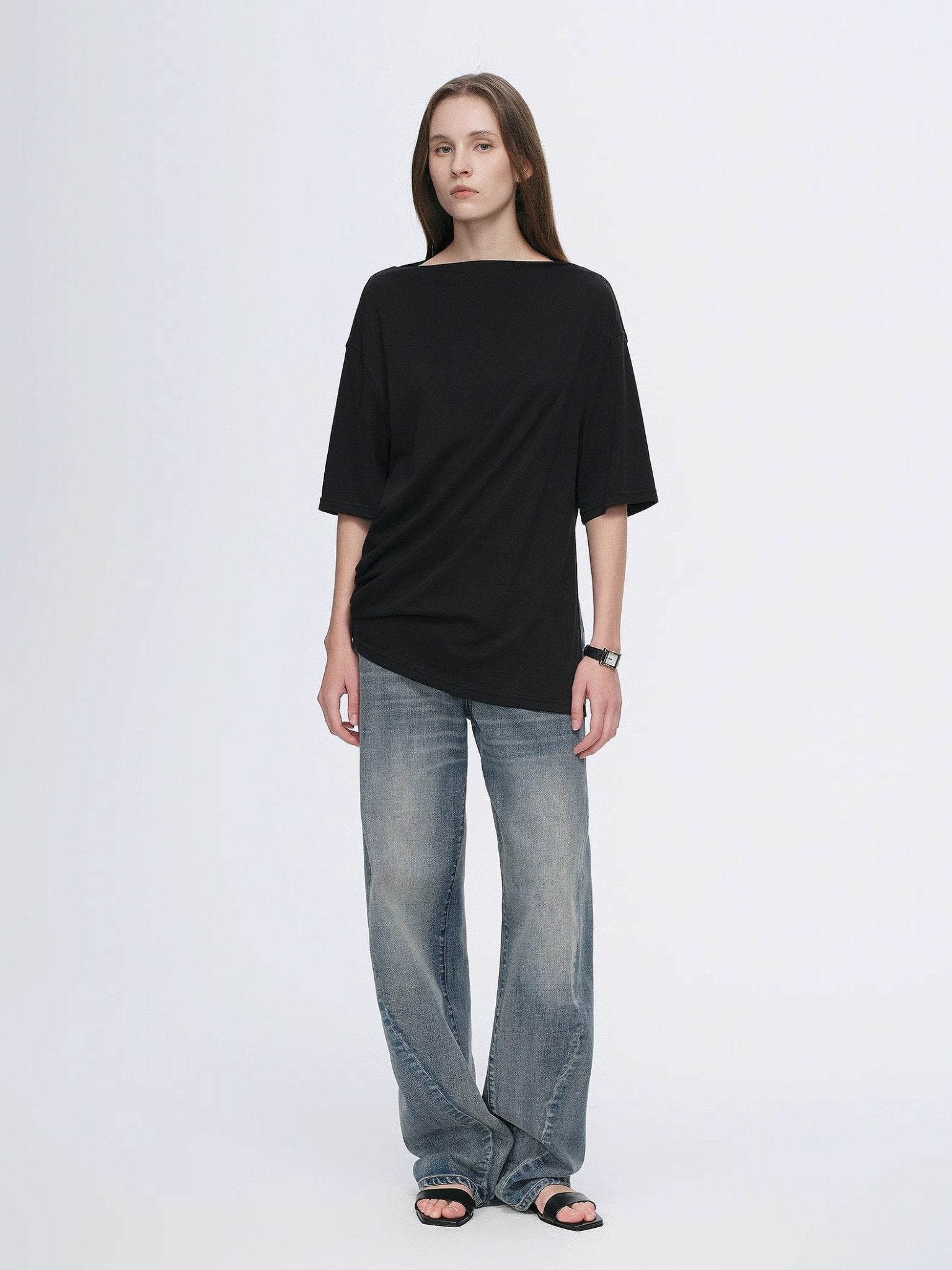 Vintage heavy cotton polyester blended washed comfortable slim front curved jeans - variant_title