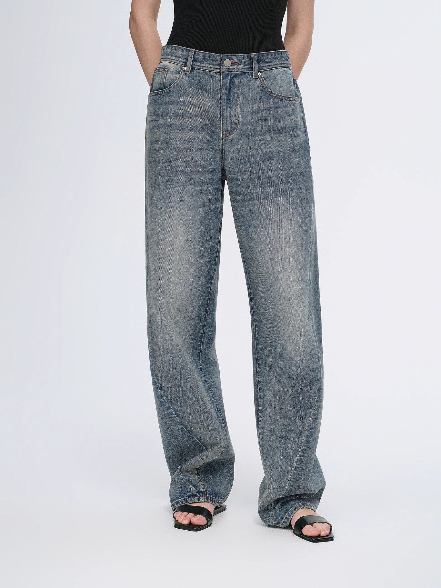 Vintage heavy cotton polyester blended washed comfortable slim front curved jeans - variant_title
