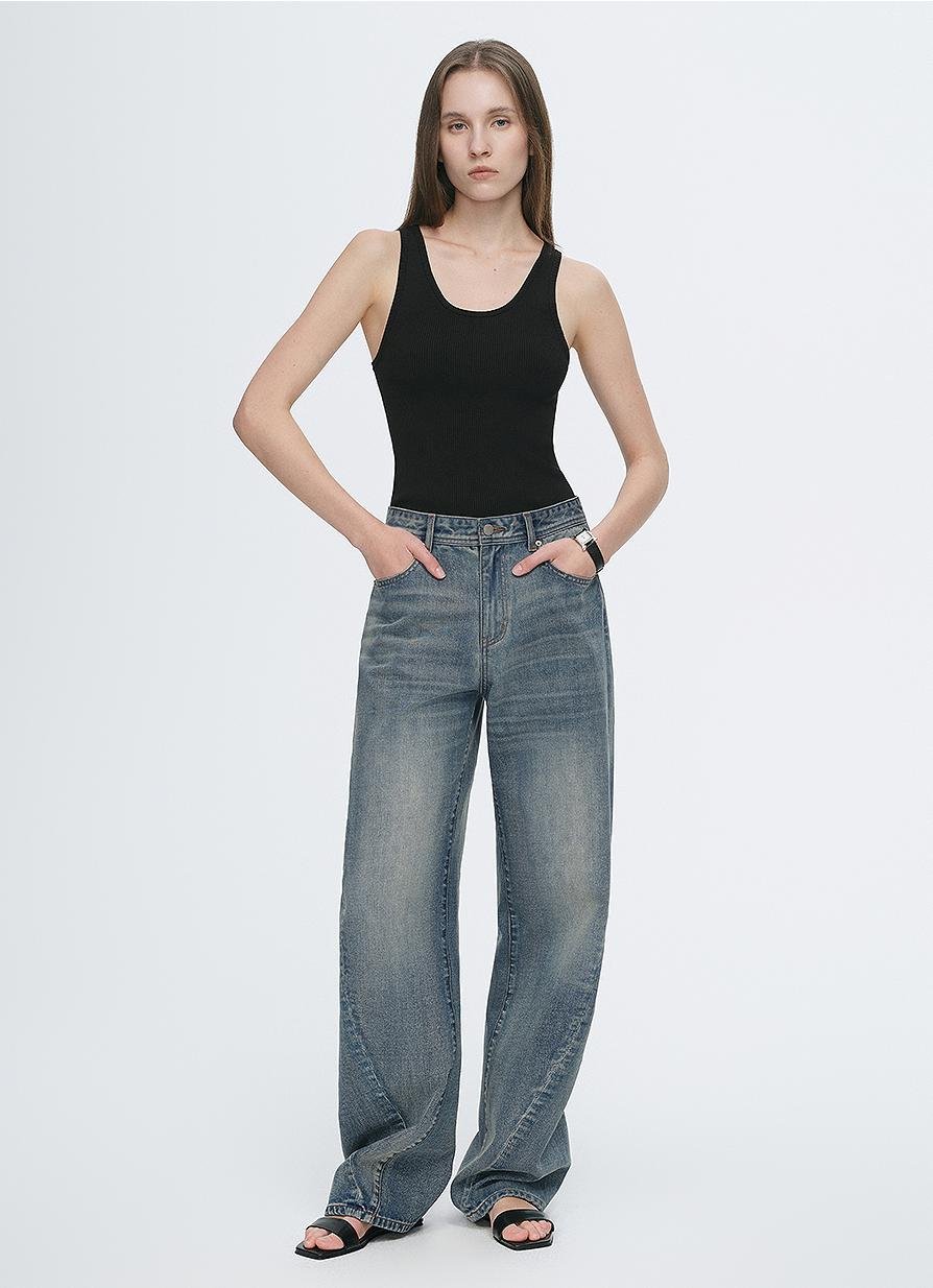 Vintage heavy cotton polyester blended washed comfortable slim front curved jeans - variant_title