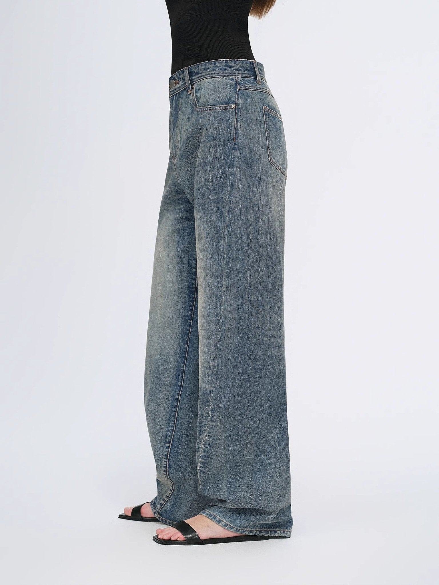 Vintage heavy cotton polyester blended washed comfortable slim front curved jeans - variant_title