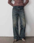 Vintage Heavy Wash Distressed Marble Pattern V - Shaped Segmented Slimming Textured Straight - Leg Denim Trousers - variant_title