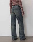 Vintage Heavy Wash Distressed Marble Pattern V - Shaped Segmented Slimming Textured Straight - Leg Denim Trousers - variant_title