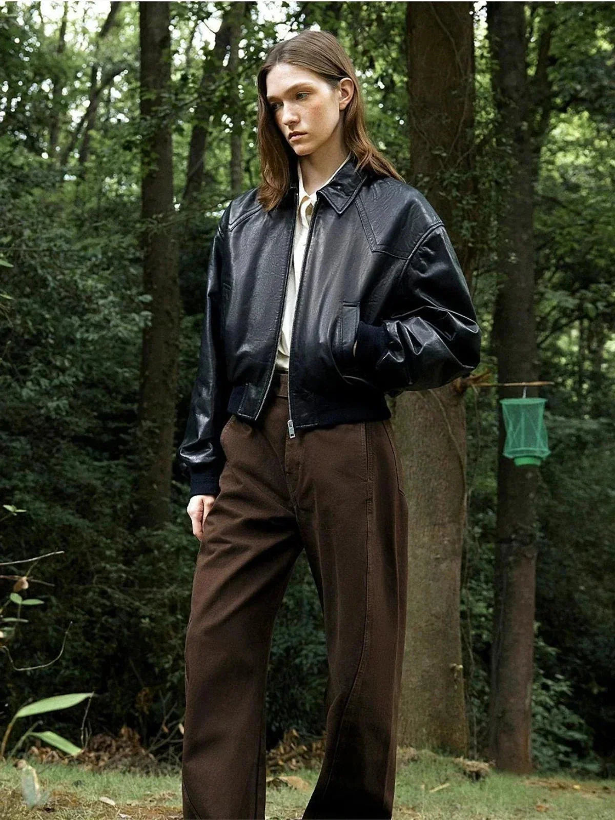 Cropped Lambskin Leather Jacket - Black styled front view