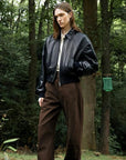 Cropped Lambskin Leather Jacket - Black styled front view