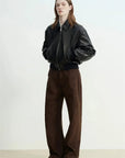 Cropped Lambskin Leather Jacket - Black full body view