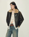 Vintage Reverie crackled brown shearling jacket with contrast wool collar