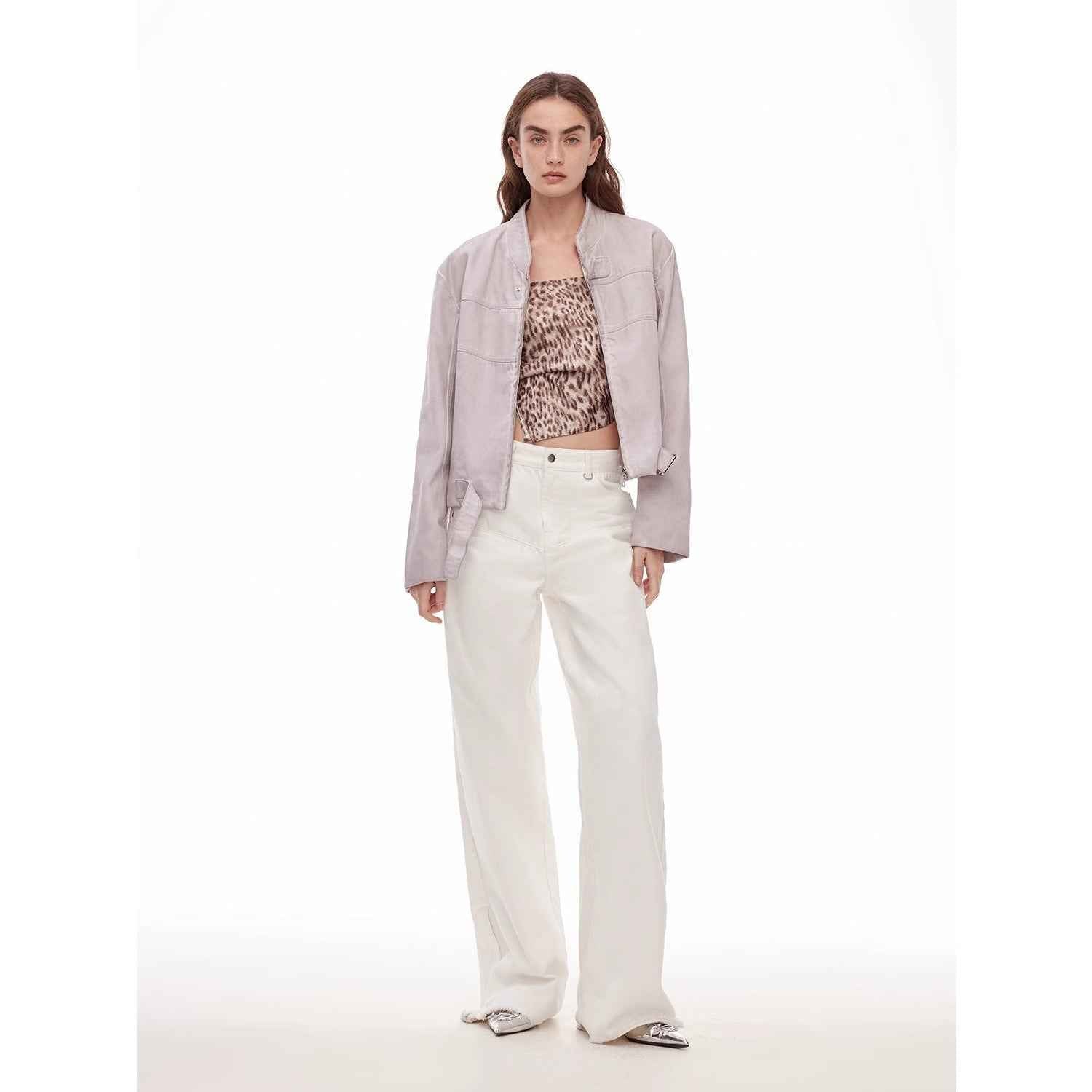 Vintage style curved split design enzyme wash process wide - leg micro - lapel mid - low waist denim pants - variant_title