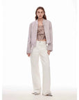 Vintage style curved split design enzyme wash process wide - leg micro - lapel mid - low waist denim pants - variant_title