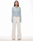 Vintage style curved split design enzyme wash process wide - leg micro - lapel mid - low waist denim pants - variant_title