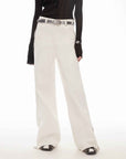Vintage style curved split design enzyme wash process wide - leg micro - lapel mid - low waist denim pants - variant_title