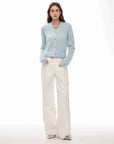 Vintage style curved split design enzyme wash process wide - leg micro - lapel mid - low waist denim pants - variant_title