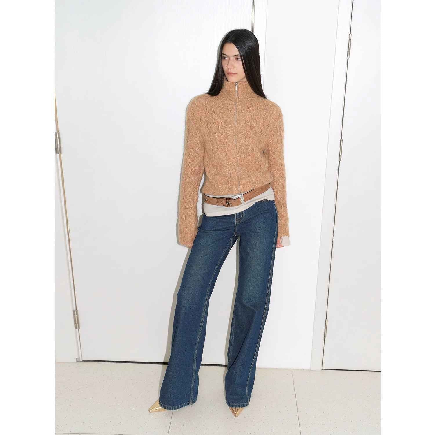 Vintage warm flower pattern basic top mohair wool cable blend zipper knit cardigan "Romantic Cable" - variant_title
