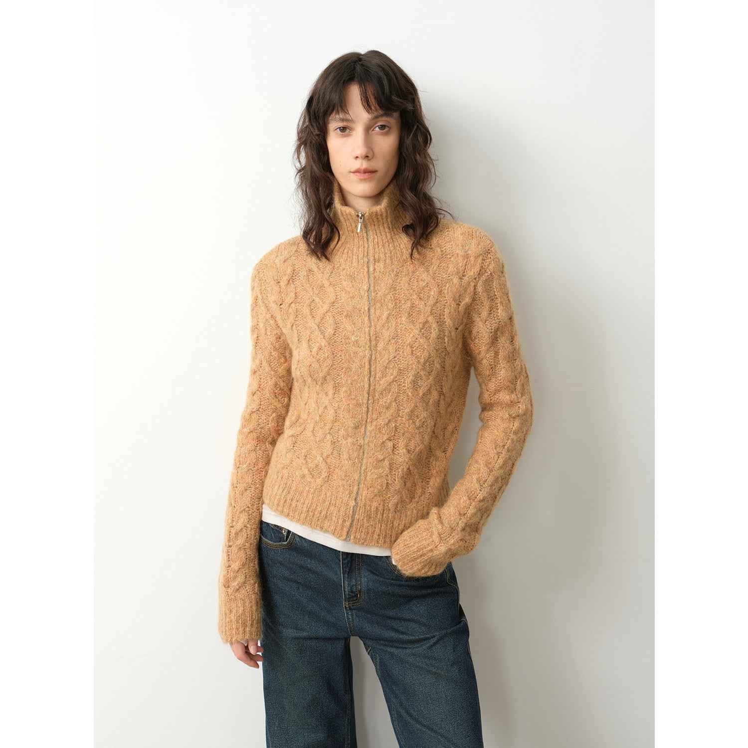 Vintage warm flower pattern basic top mohair wool cable blend zipper knit cardigan "Romantic Cable" - variant_title