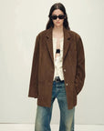Firelady Fur warm taupe oversized suede leather blazer front view