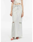 "Walden Pond" Turkish Imported Wash - faded Distressed Hole Denim A - line Skirt - variant_title