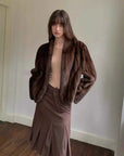 Warm Coffee Brown Sable mink jacket styled indoors
