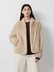 Warm Coffee Palomino mink short jacket on model, front view
