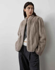 Warm Coffee Silverblue mink short jacket on model, front view