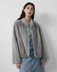 Warm Coffee Sapphire mink short jacket on model, front view