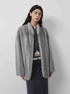 Warm Coffee Silverblue long mink jacket on model